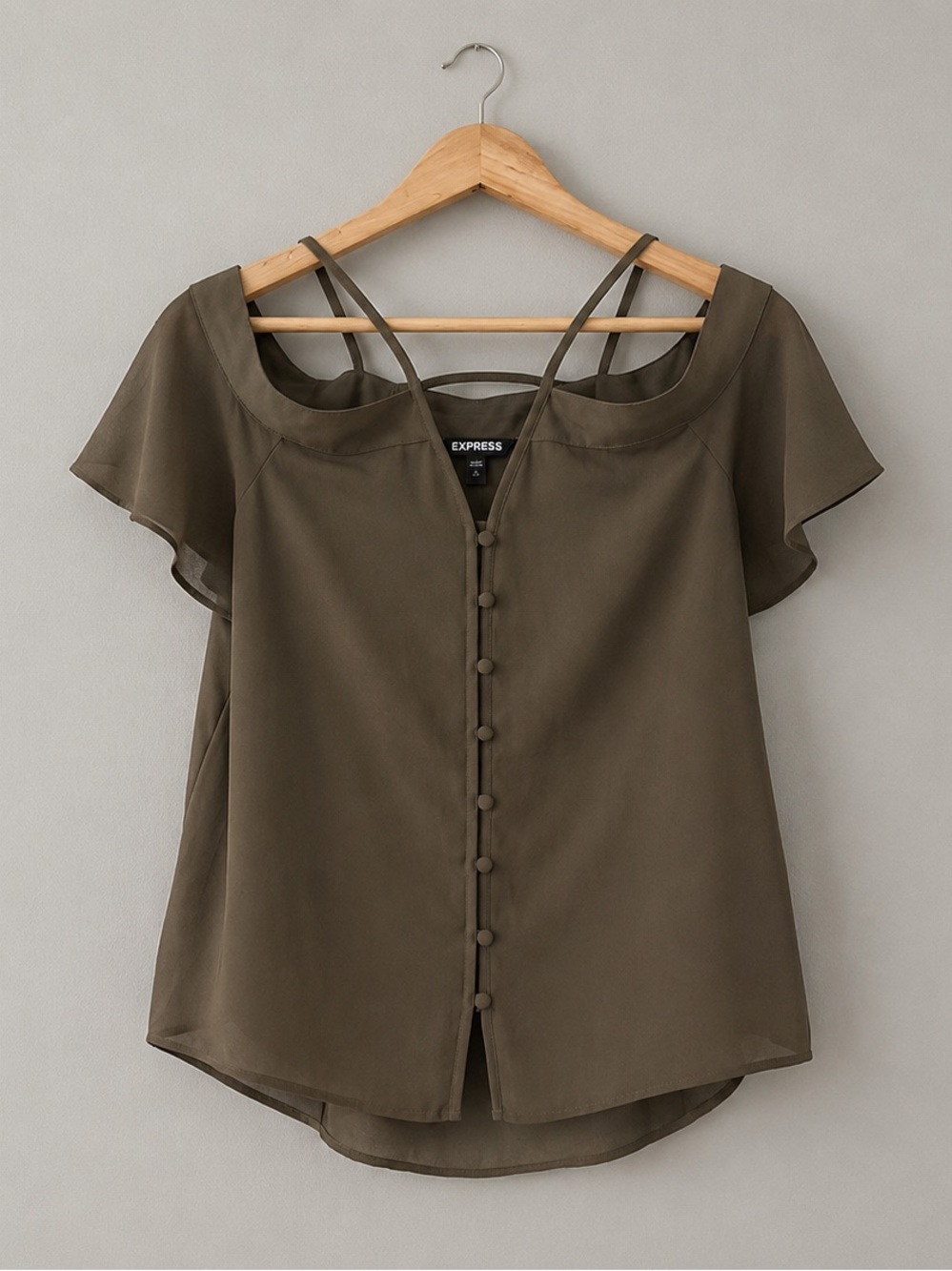 Express Petite Small Taupe Mushroom Blouse Flutter Sleeve Strappy Neck Button